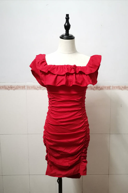 Women Black Off Shoulder Ruched Layered Ruffles Bodycon Dress