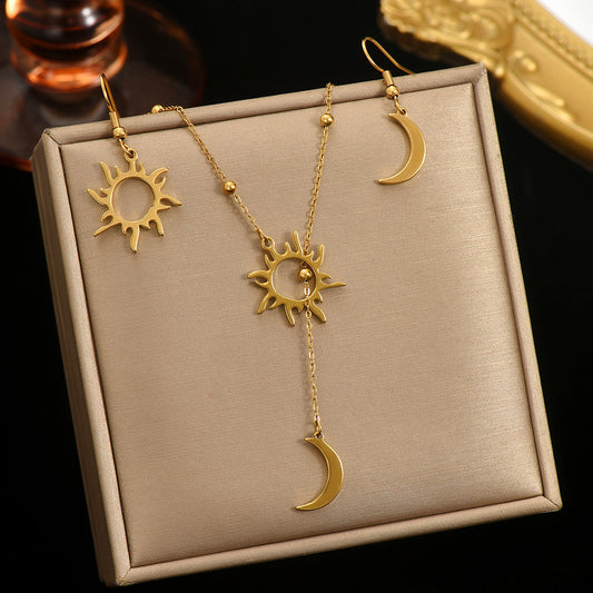 Lxalry 18K Gold Plated Sun Moon Jewelry Set Mirror Polish Hypoallergenic Necklace Earrings For Daily Evening Never Fade Luxury Gift With Celestial Symmetry