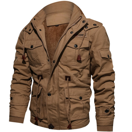 Winter Zip-up Coat Warm Thickened Detachable Hooded Jacket Multi-pocket Button Drawstring Long Sleeve Tops Men's Cargo Clothing