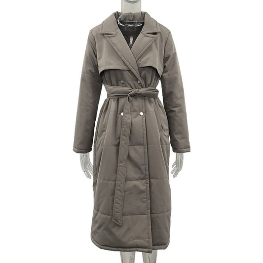 Long Down Collar Parkas Women Coat Tie Belt Jackets Ladies