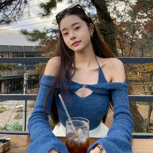 Sweater Off Shoulder Slim Knitted Sweaters Long Sleeve