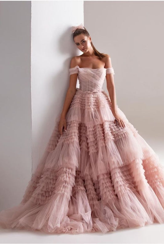 Bridal Wedding One Line Neck Lacquer Mesh Dress