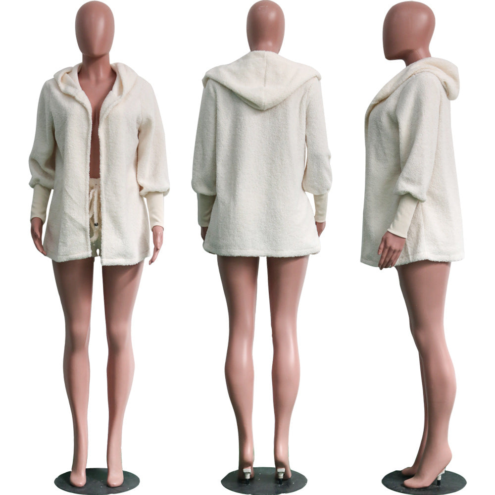Adogirl Women Fleece Plush Casual Two Piece Set Long Sleeve Hooded Cardigan Coat Autumn Winter Outwear Shorts Fashion Outfits