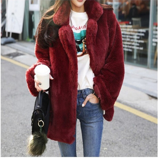 Female Fur Coat Short Soft Rabbit Fur Jacket Long-Sleeved Shaggy Thicken Warm Women Fashion Outwear