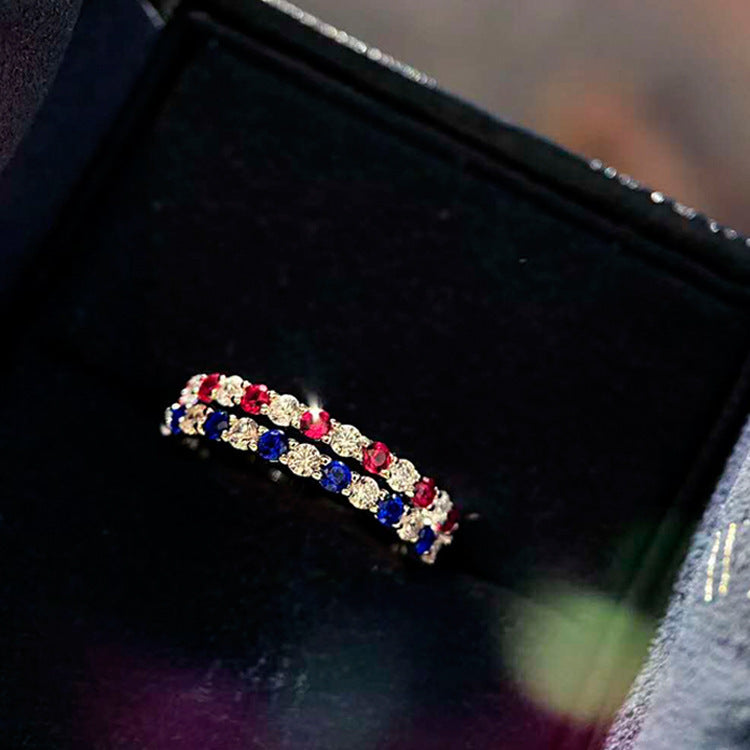 Imported 5A high carbon diamond natural red sapphire row diamond vice ring diamond ring 925 silver plated platinum stacking ring
