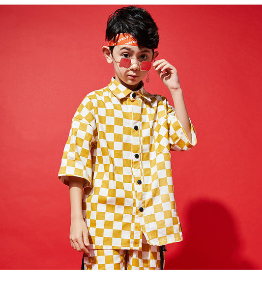 Children's Short-Sleeved Hip-Hop Suit Boys Korean Style Hip-Hop Plaid Loose Handsome Clothing