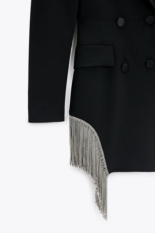 ZA Women Fashion Double-breasted Blazers Coat Vintage Long Sleeves Female Black Slim Tassel Drill Decoration Chic Outerwear