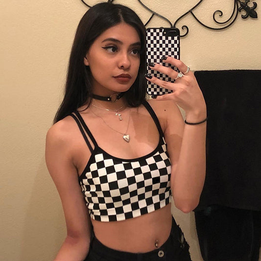 Black and white plaid stitching camisole female summer ins super hot inner base shirt top