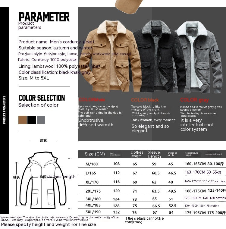 Winter Fashion Corduroy Korean Style Large Pocket Lambswool Velvet Padded Thickened Coat Men