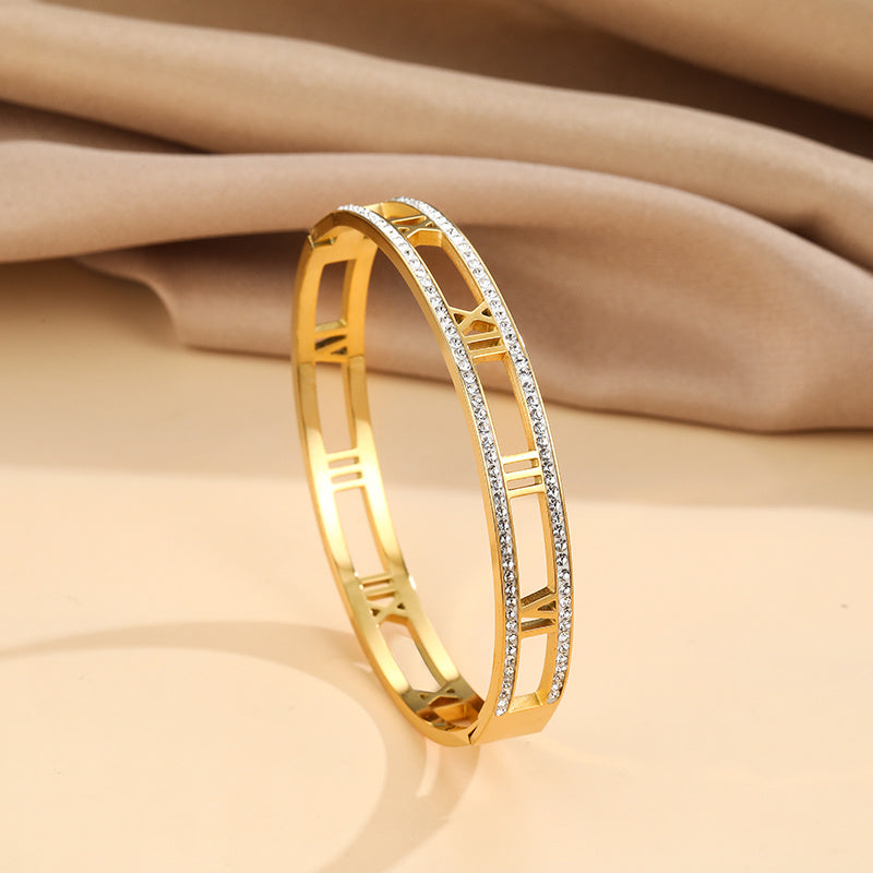 Titanium Steel Electroplated 18K Real Gold Roman Numerals Bracelet