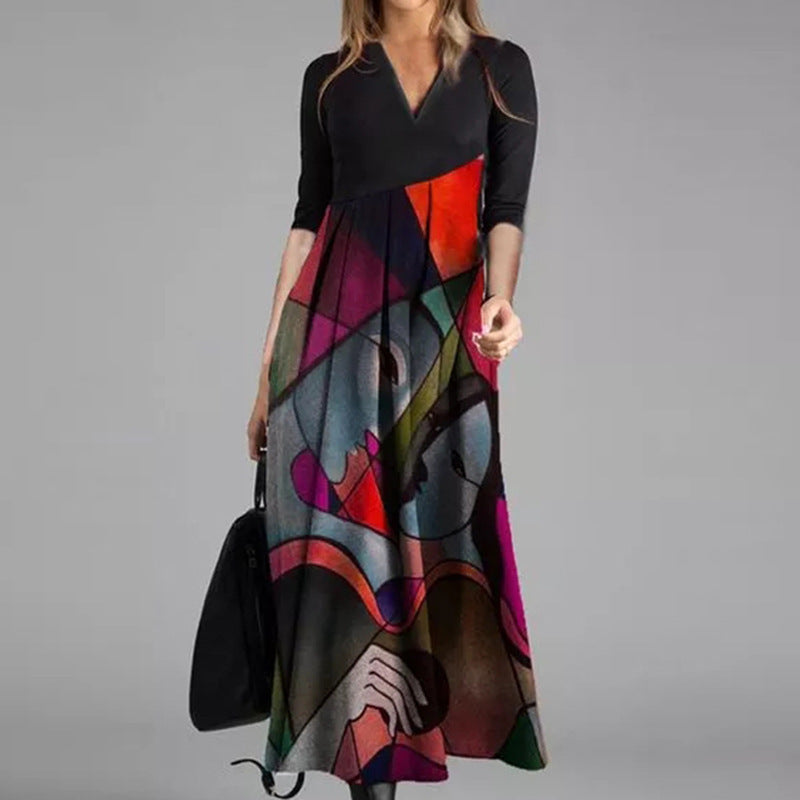 New Printed Cotton Long Dress Pullover Premium Classic Style Red Temperament Commute Mid-waist Clothing