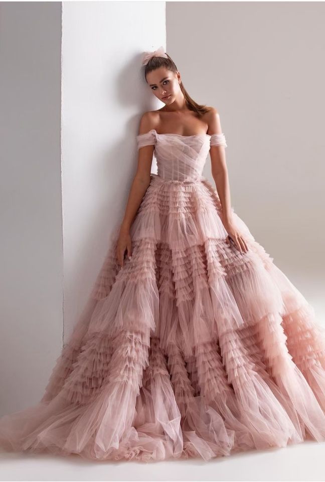 Bridal Wedding One Line Neck Lacquer Mesh Dress