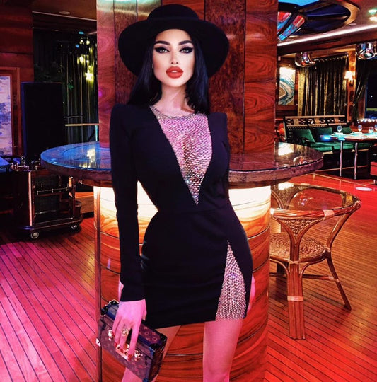 Sexy Net Diamond Ladies Party Long-sleeved Bandage Slim Dress