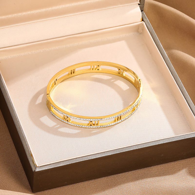 Titanium Steel Electroplated 18K Real Gold Roman Numerals Bracelet