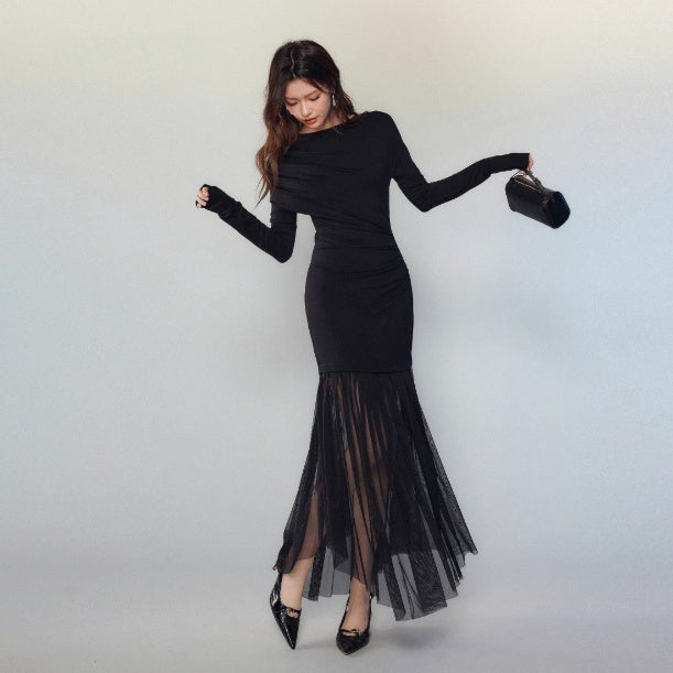 Black Panel Mesh Dress Women