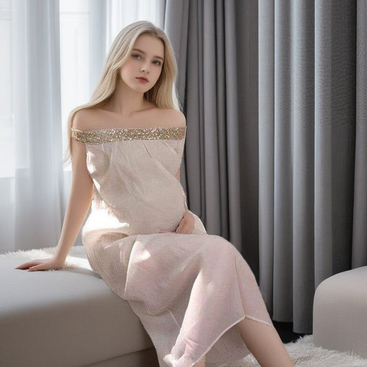 French Style Off-shoulder Sequined Tube Top Dress Lazy Vacation Style Seaside Pregnant Women Can Also Wear