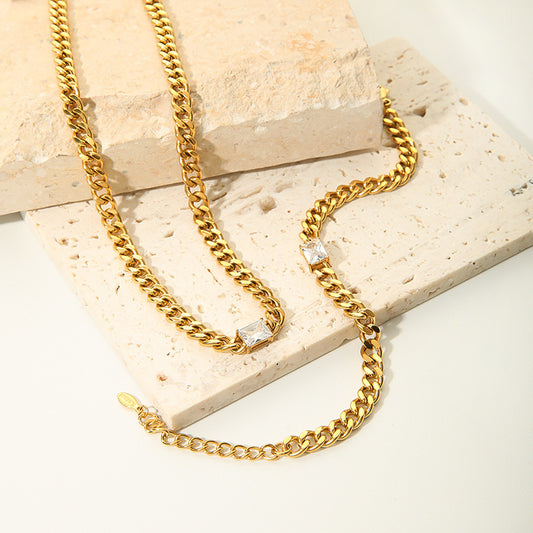 Stainless Steel Necklace Bracelet Jewelry Inlaid Rectangular Zircon 18K Gold Cuban Link Chain Necklace