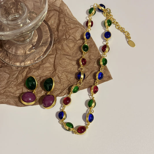 Double Round Ball Colorful Middle-ancient Heavy Industry Earrings Vintage Colored Glaze Niche Necklace