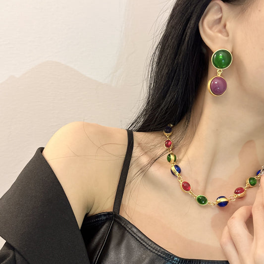 Double Round Ball Colorful Middle-ancient Heavy Industry Earrings Vintage Colored Glaze Niche Necklace