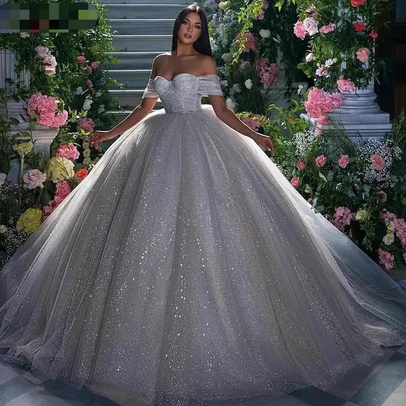 Off-shoulder Wedding Temperament Bride Mori Style Super Fairy Slimming Sequined Dress