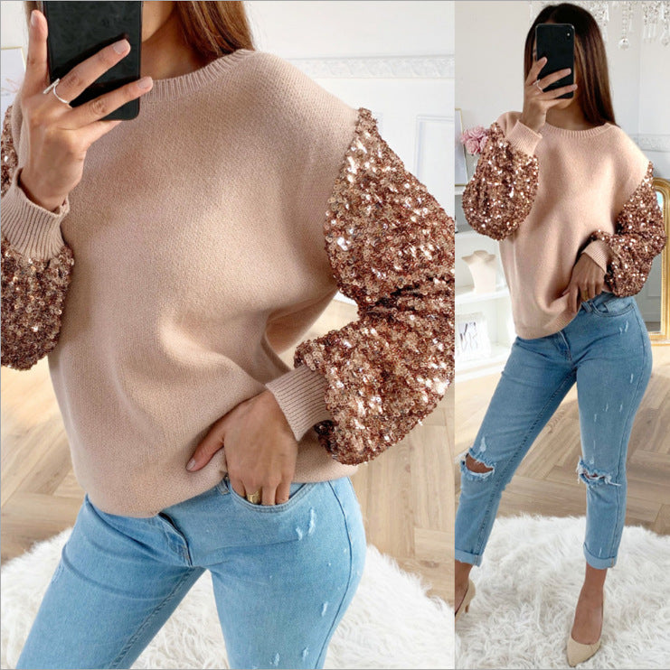 Round Neck Sequined Top Long Sleeve Women