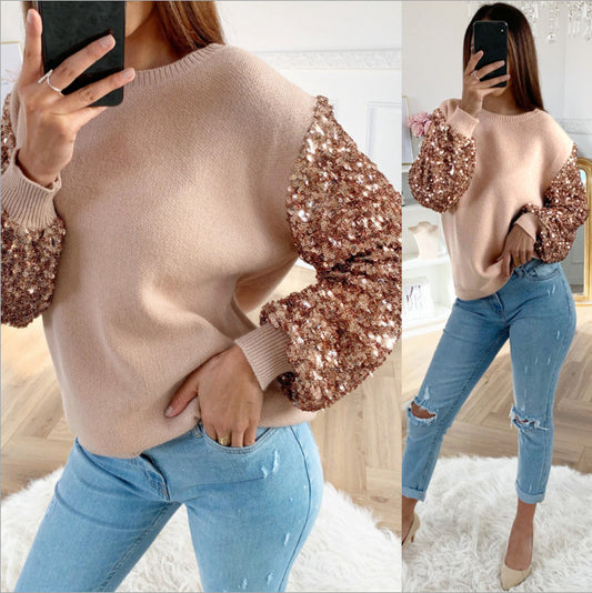Round Neck Sequined Top Long Sleeve Women