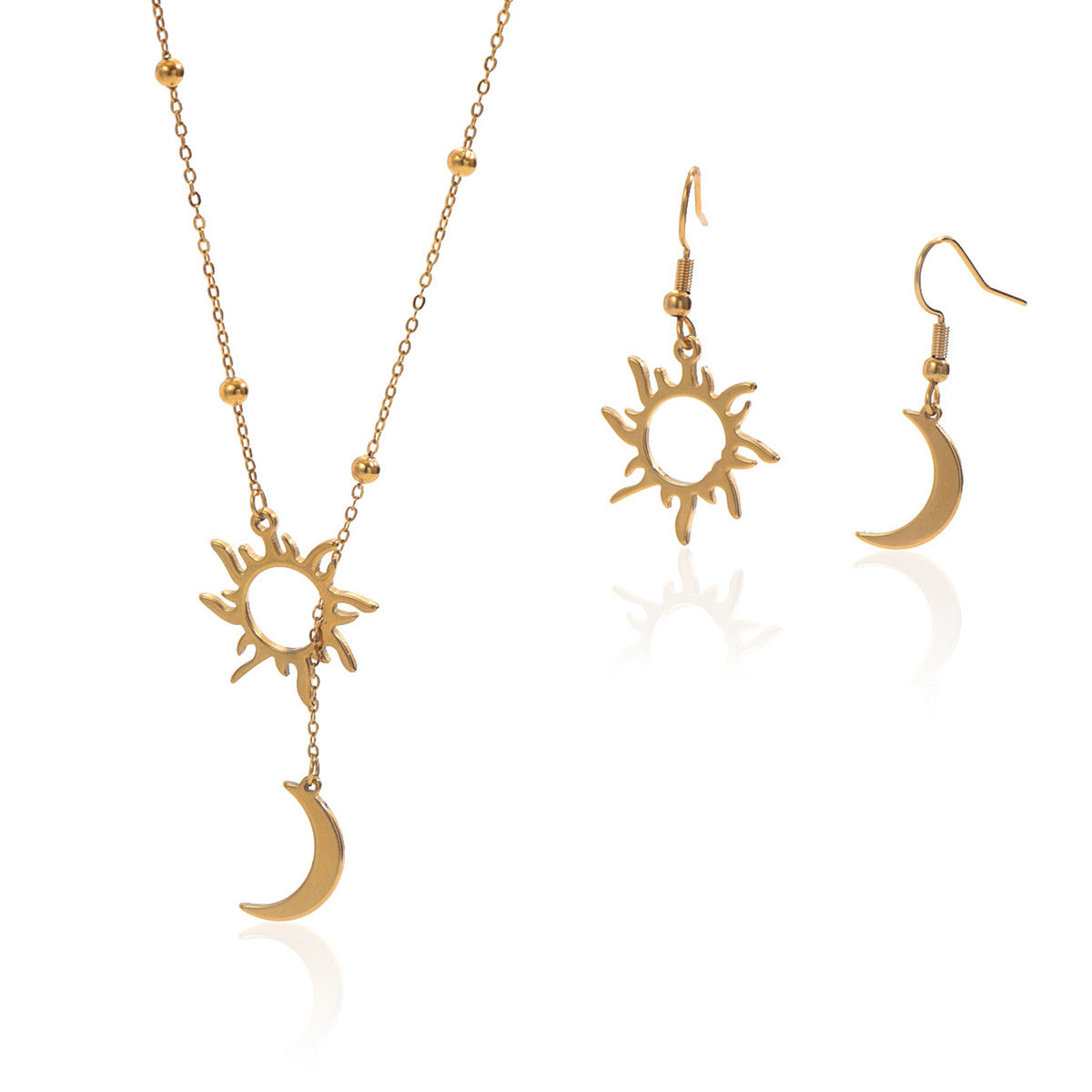 Lxalry 18K Gold Plated Sun  Moon Jewelry Set Mirror Polish Hypoallergenic Necklace  Earrings For Daily Evening Never Fade Luxury Gift With Celestial Symmetry