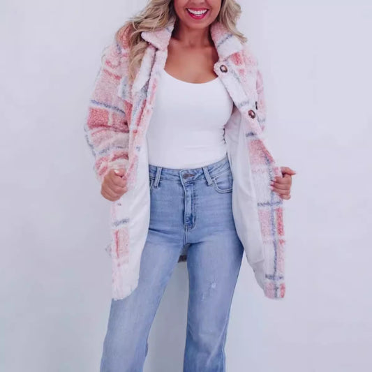 Winter Multicolor Plaid Warm Polo Collar Jacket Women's Fashion All-match Long-sleeved Coat Women