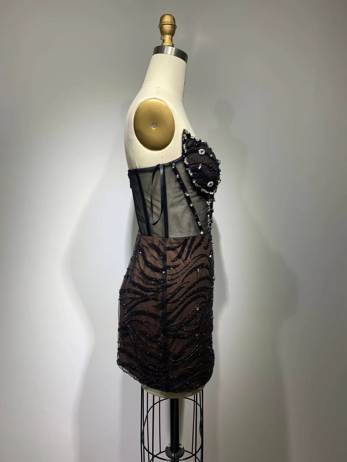 Sexy Black Tube Top Off-shoulder Slimming Diamond-studded Fishbone Dress