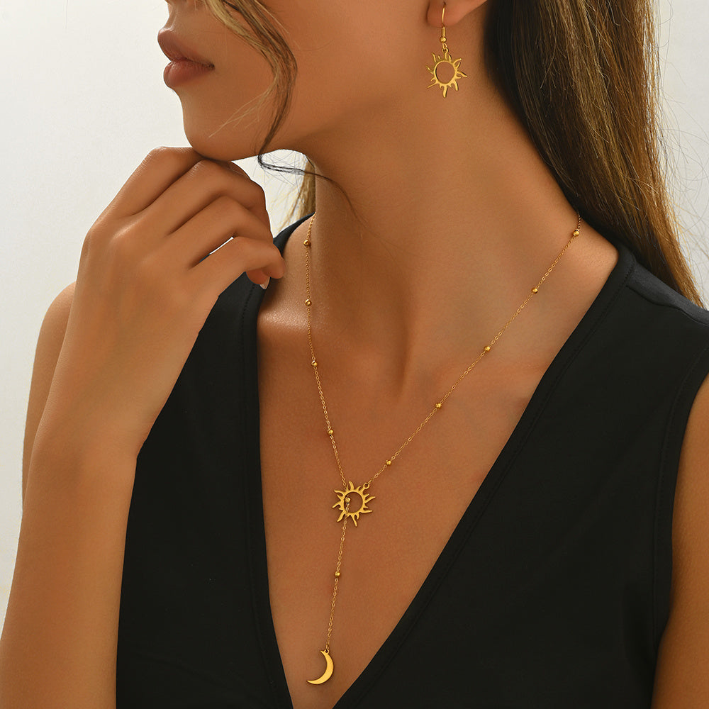 Lxalry 18K Gold Plated Sun  Moon Jewelry Set Mirror Polish Hypoallergenic Necklace  Earrings For Daily Evening Never Fade Luxury Gift With Celestial Symmetry