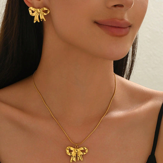 Lxalry 18K Gold Plated Bow Mirror Jewelry Set  Hypoallergenic Skin Safe Necklace   Earrings For Weddings Gifting, Never Fade Adjustable Luxury With Precision-Cast Ribbon