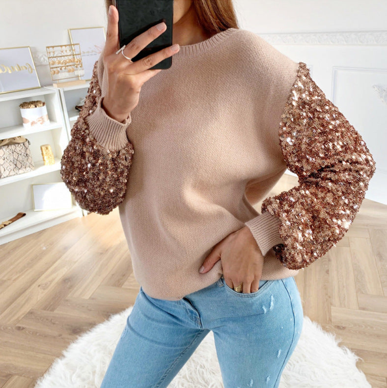 Round Neck Sequined Top Long Sleeve Women