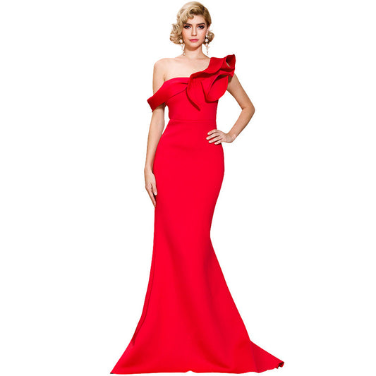 Missord Women Sexy One Shoulder Ruffles Evening Party Dress Solid Color Celebrity Maxi Dress Slash Neck Women Dress FT19938-2