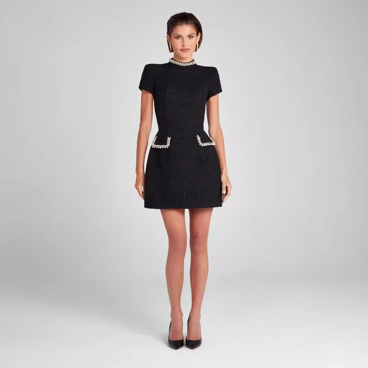 Slim Fit Slimming Round Neck Beaded Classic Style Dress